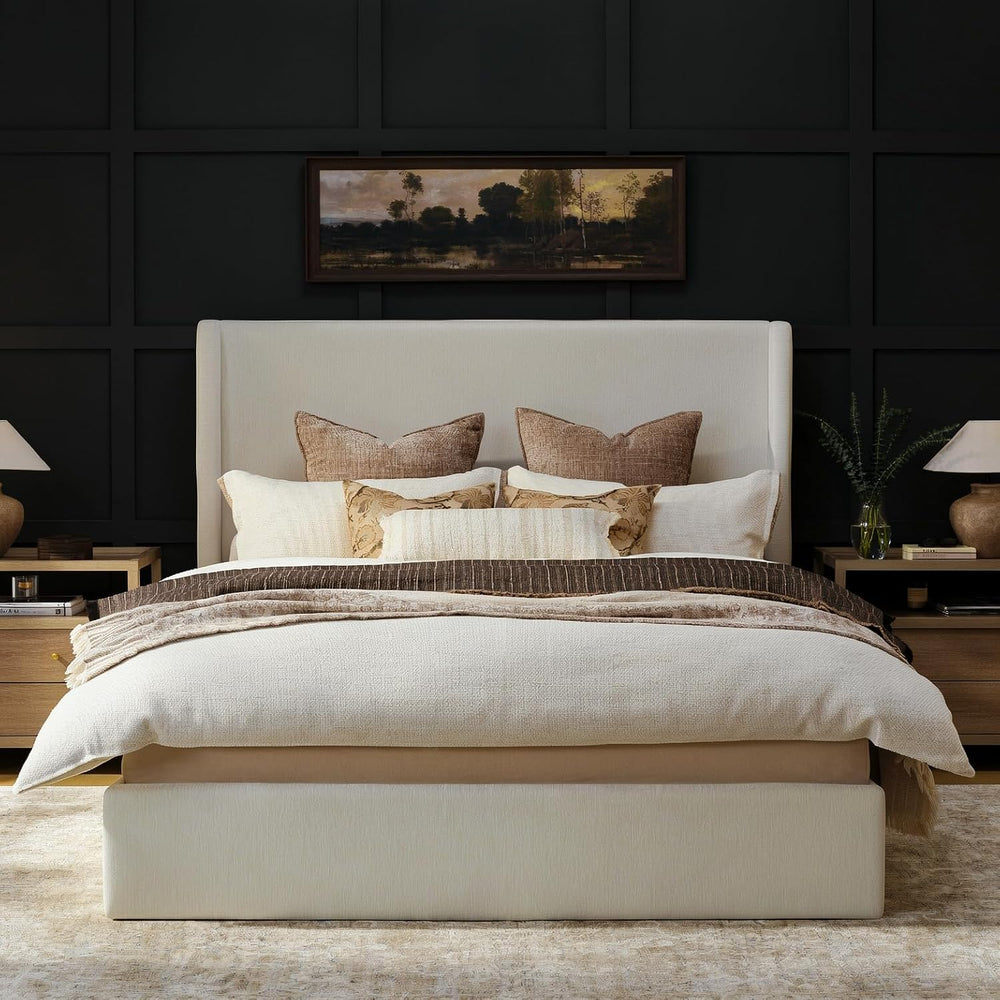 RECCI King Size Upholstered Platform Bed Frame with Tall Wingback Headboard