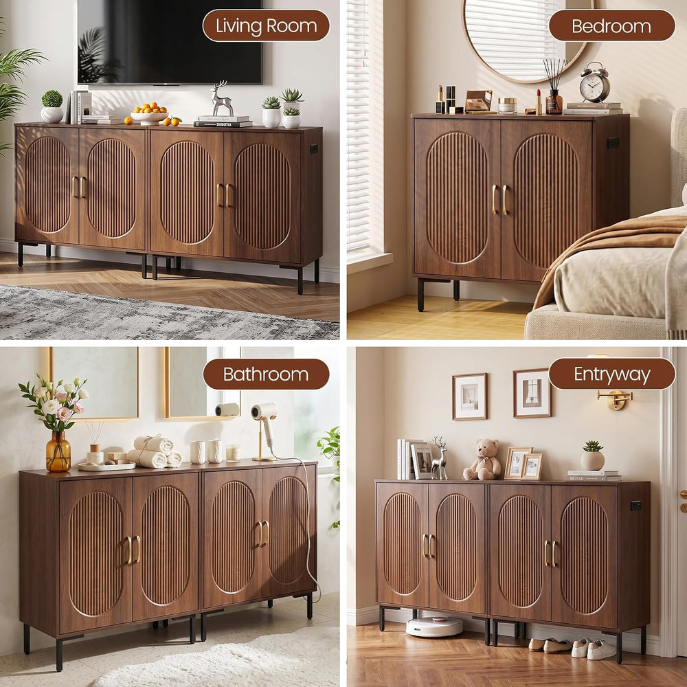 Fluted Buffet Cabinet with Charging Station and 2 Doors