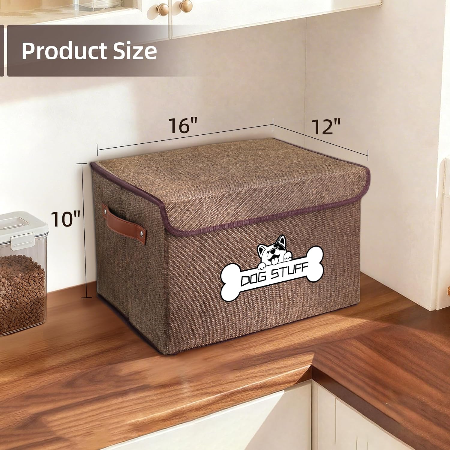 Dog Toy Basket with Lid, Collapsible Box for Pet Accessories | Storage Bin for Living Room, Fabric Container with Handle, Organizer for Small Medium dogs, Coffee