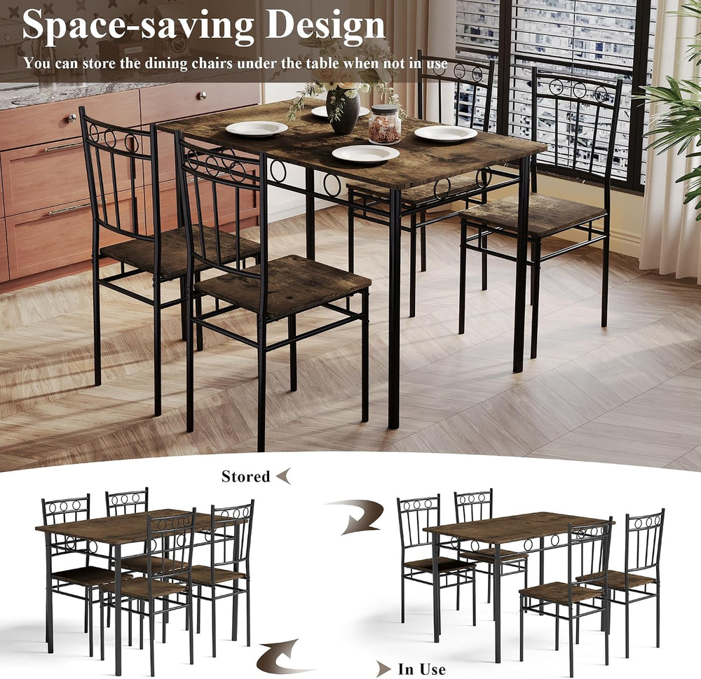 5 Piece Dining Table Set, Modern Metal&Wood Kitchen Dinner Table with 4 C...
