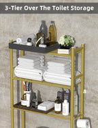 3-Tier Over The Toilet Storage, Freestanding Metal Bathroom Shelves with 4 Hooks, Over Toilet Storage Shelf with Paper Holder, Above The Toilet Shelf for Bathroom Storage, Gold
