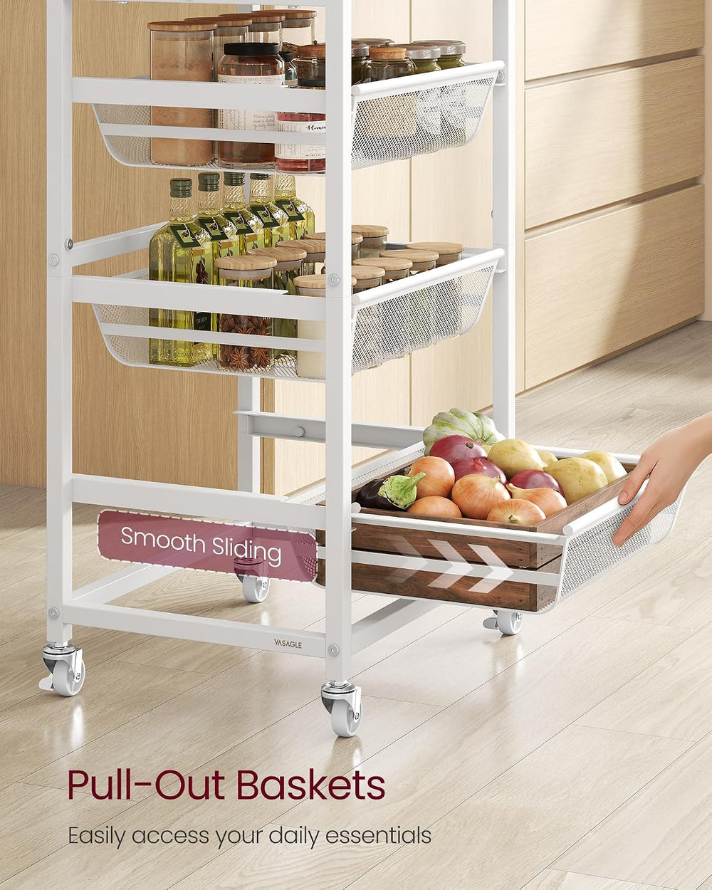 VASAGLE Storage Rolling Cart with Pull-Out Baskets, 5-Tier Utility Cart Orgni...