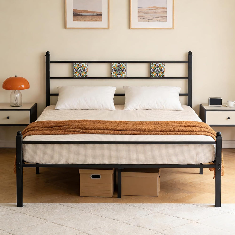 Full Metal Bed Frame with Ceramic Tile Decor Headboard