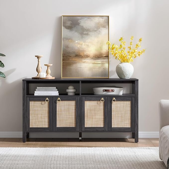 SICOTAS Rattan TV Stand for Television up to 65 Inch - 29.5" Tall Entertainment Center with Storage and Open Shelves,Boho Credenza TV Console Cabinet with 4-Doors and Adjustable Shelf for Living Room