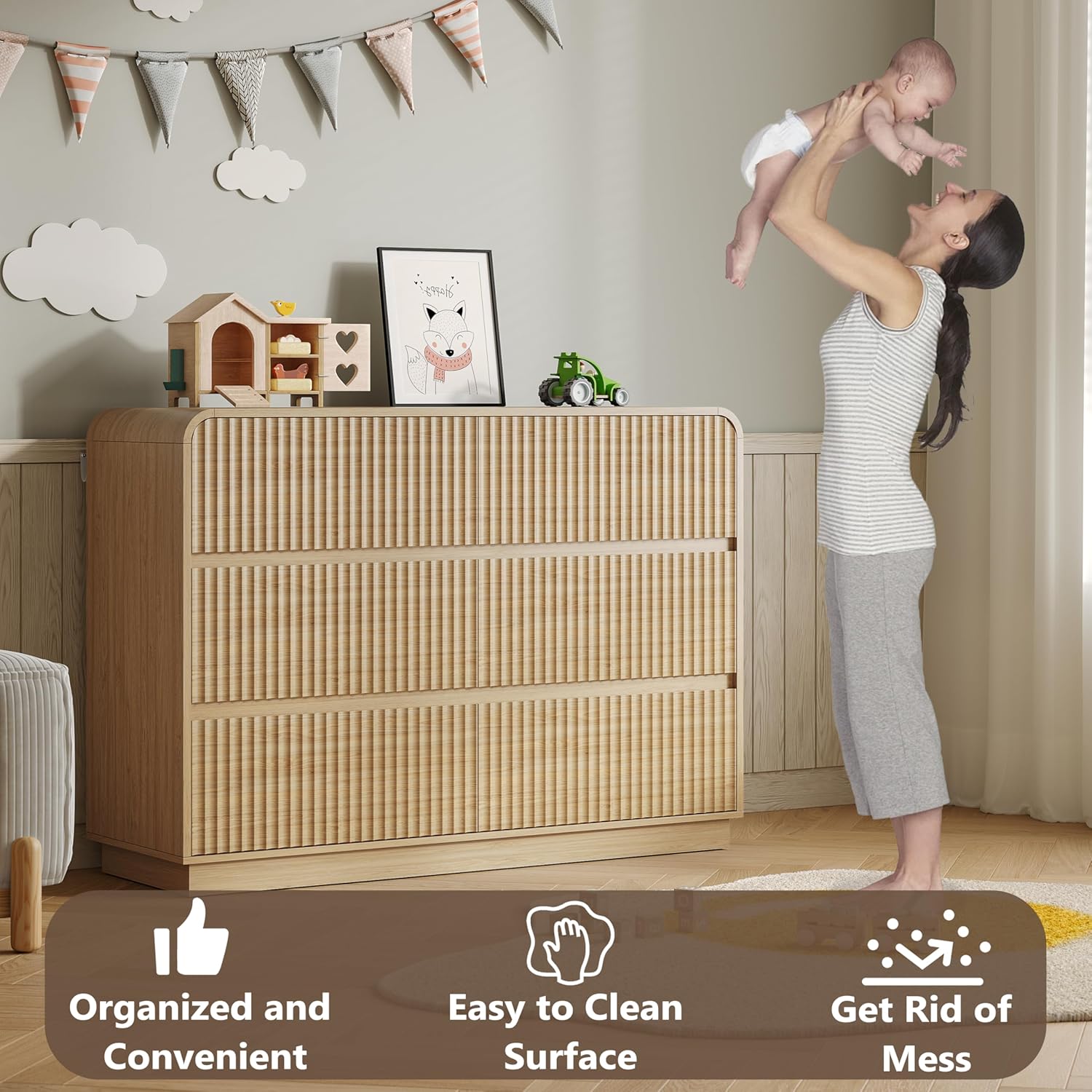 Dresser for Bedroom with 6 Drawers, Fluted Chest of Drawers with Round Curved Corner, Hidden Handles, Modern Wood Storage Organizer for Bedroom, Nursery, Living Room