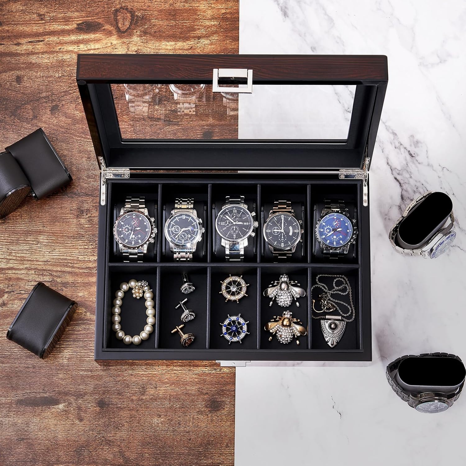 BEWISHOME Watch Box, 10-Slot Wooden Watch Case, Mens Watch Box for Men Watch Storage Organizer, Watch Holder Watch Display Case for Anniversary Birthday Brown SSH10Y