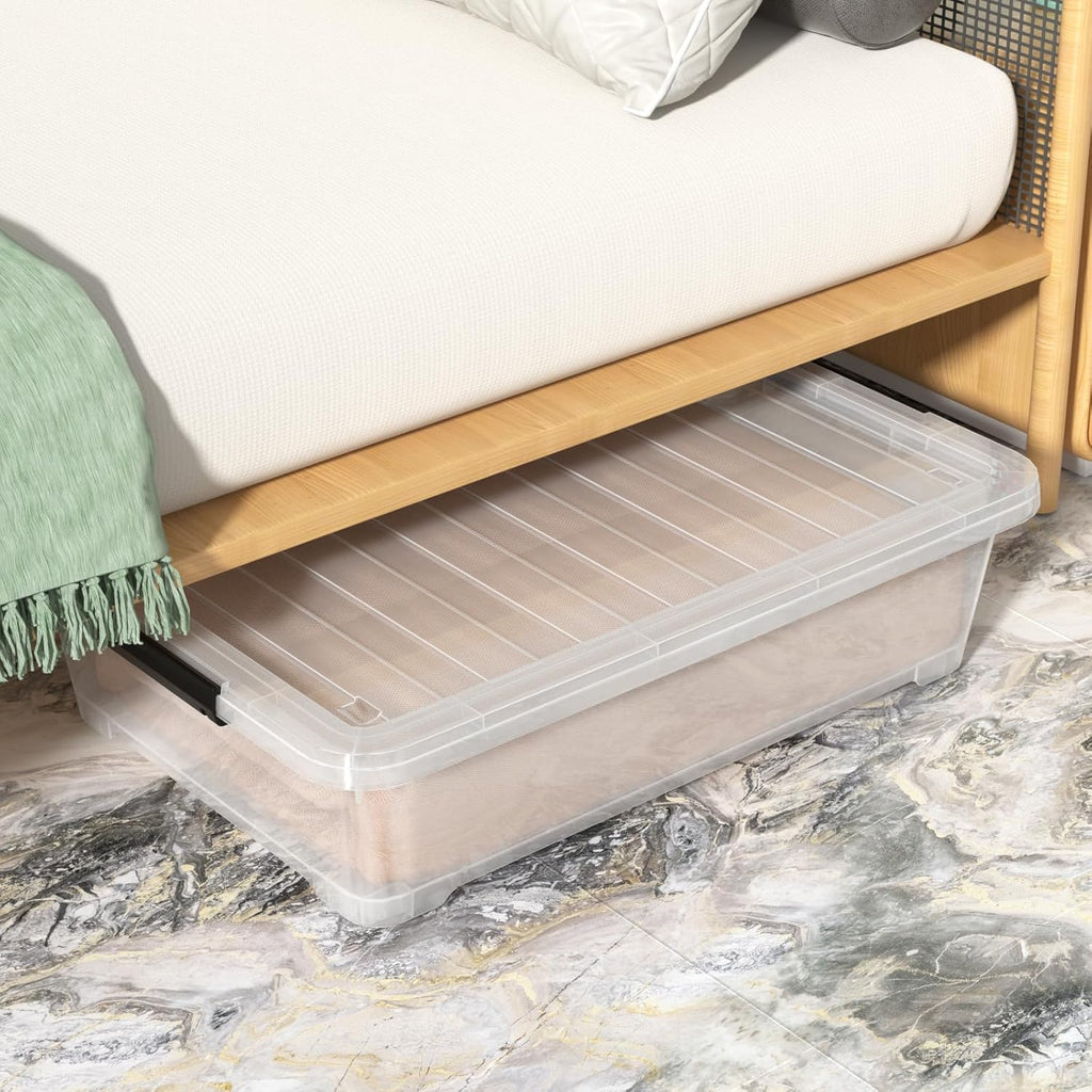 40 Quart Plastic Underbed Storage Boxes, Large Clear Storage Bin with Wheels, 4 Packs