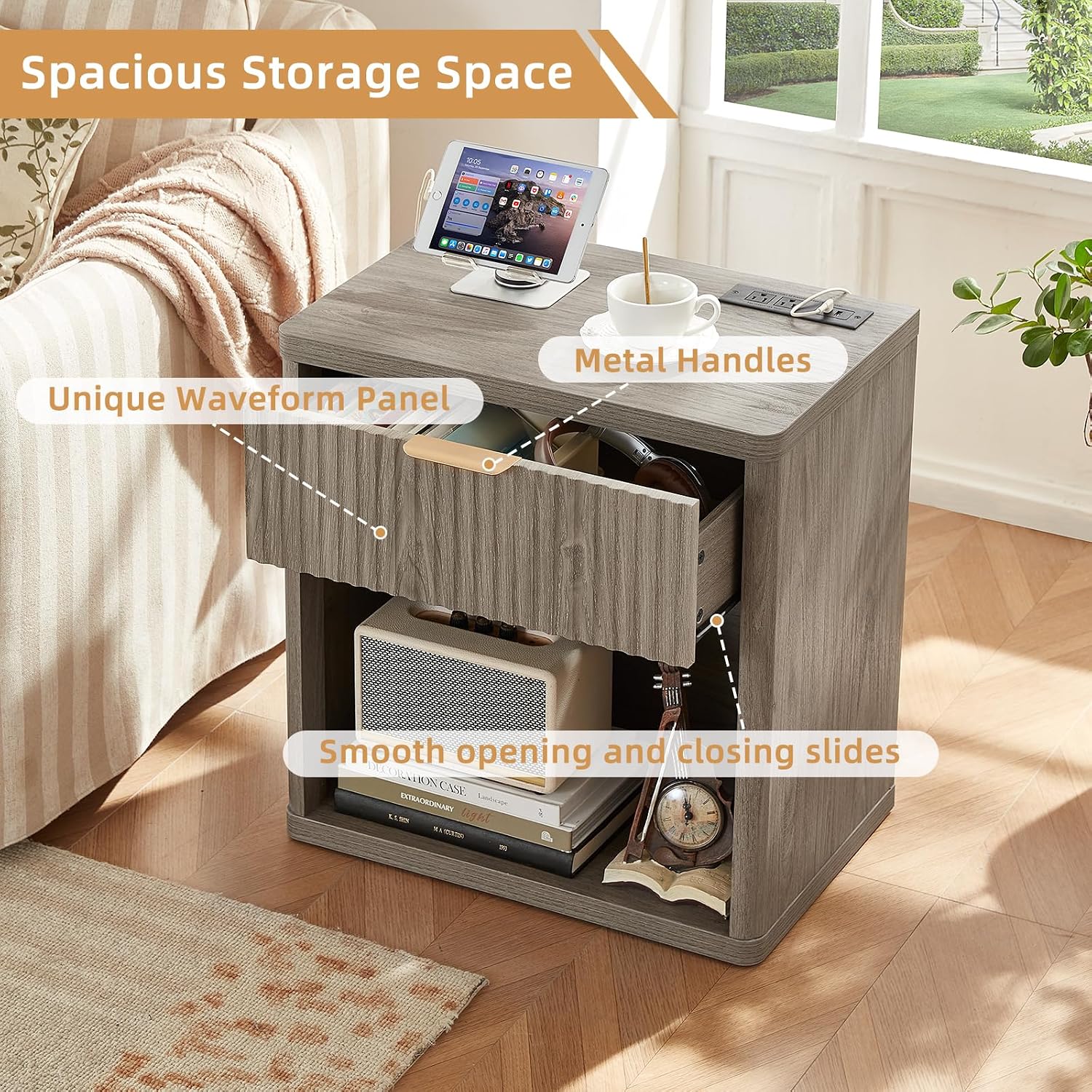 LEYAOYAO Fluted Farmhouse Nightstand Set of 2 with Charging Station, 23" Wide 1 Drawers End Table,Grey Dresser for Bedroom,Bed Side Table Chest of Drawers Cabinet,Wood Night Stand for Living Room