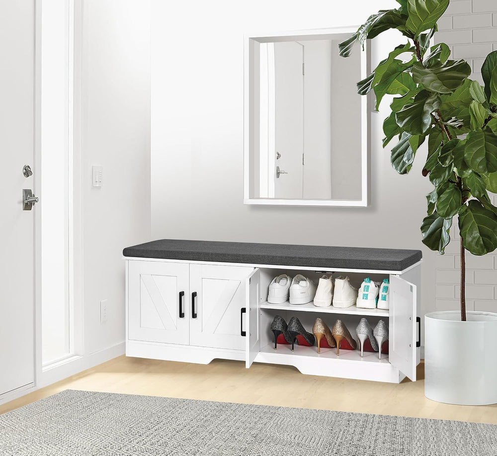 HOMSHO Farmhouse Shoe Storage Bench with 4 Barn Doors & Padded Seat Cushi...
