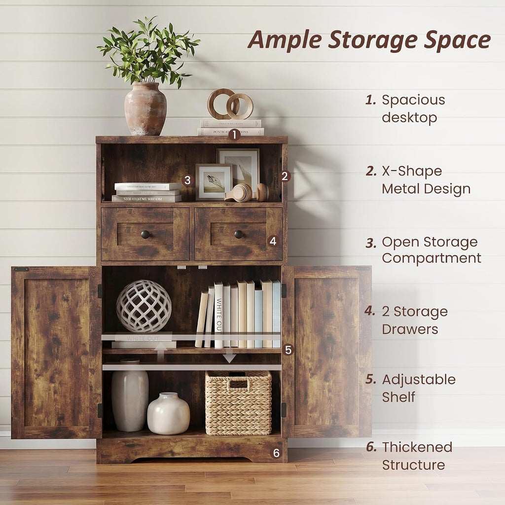 Farmhouse Storage Cabinet Set of 2, Small Kitchen Pantry Coffee Bar Cabinet | Accent Buffet Cabinet Cupboard, 2 Drawers, Barn Doors & Adjustable Shelves, for Kitchen/Entryway/Bathroom, Rustic Brown