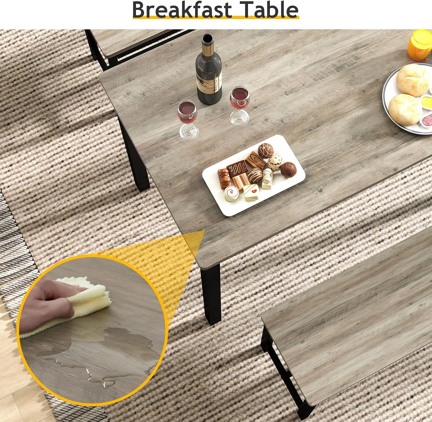 Rovibek 43" Dining Table Benches Set for 4, Modern Space Saving Kitchen Table Chairs & Adjustable Feet Breakfast Table 2 Benches, Wooden Industrial Style Farmhouse, Light Grey