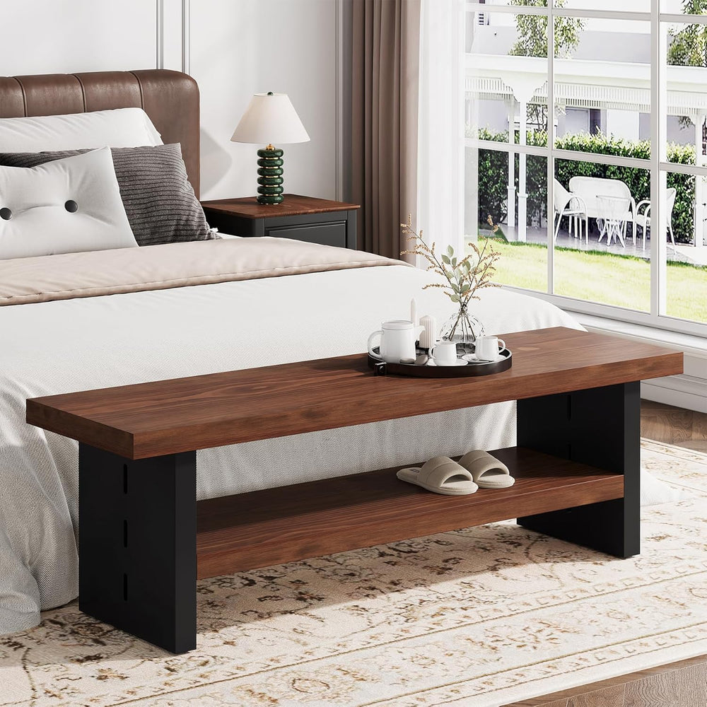 47" Solid Wood Entryway Bench with Shoe Storage, 2-Tier Modern Farmhouse...