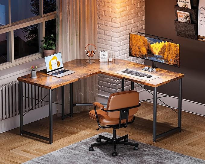 Casaottima L Shaped Gaming Desk, Corner Gaming Table for Home Office, Computer Desk Sturdy Writing Workstation for Small Space, Easy to Assemble, 51 inch, Rustic Brown