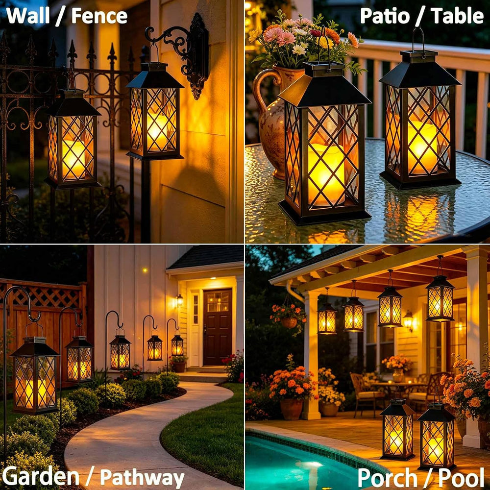 2 Pack 14" Large Tempered Glass Solar Lanterns Outdoor Waterproof, Black