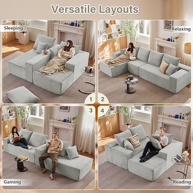 135" Cloud Sectional Couch with L-Shape Chaise, Upholstered Corduroy Couches Sleeper Chaise Longue, Modern Modular Comfy Deep Seat Sofa for Living Room Bedroom, No Assembly Required, Grey