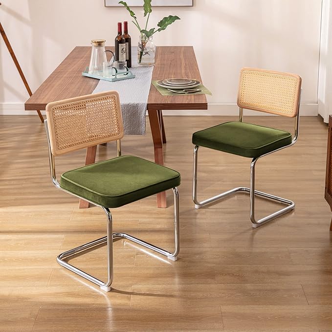 Zesthouse Natural Rattan Dining Chairs Set of 6, Olive Green Modern Kitchen Chairs with Solid Wood Back & Chrome Base, Mid Century Breuer Design Inspired, Upholstered Luxurious Velvet Fabric