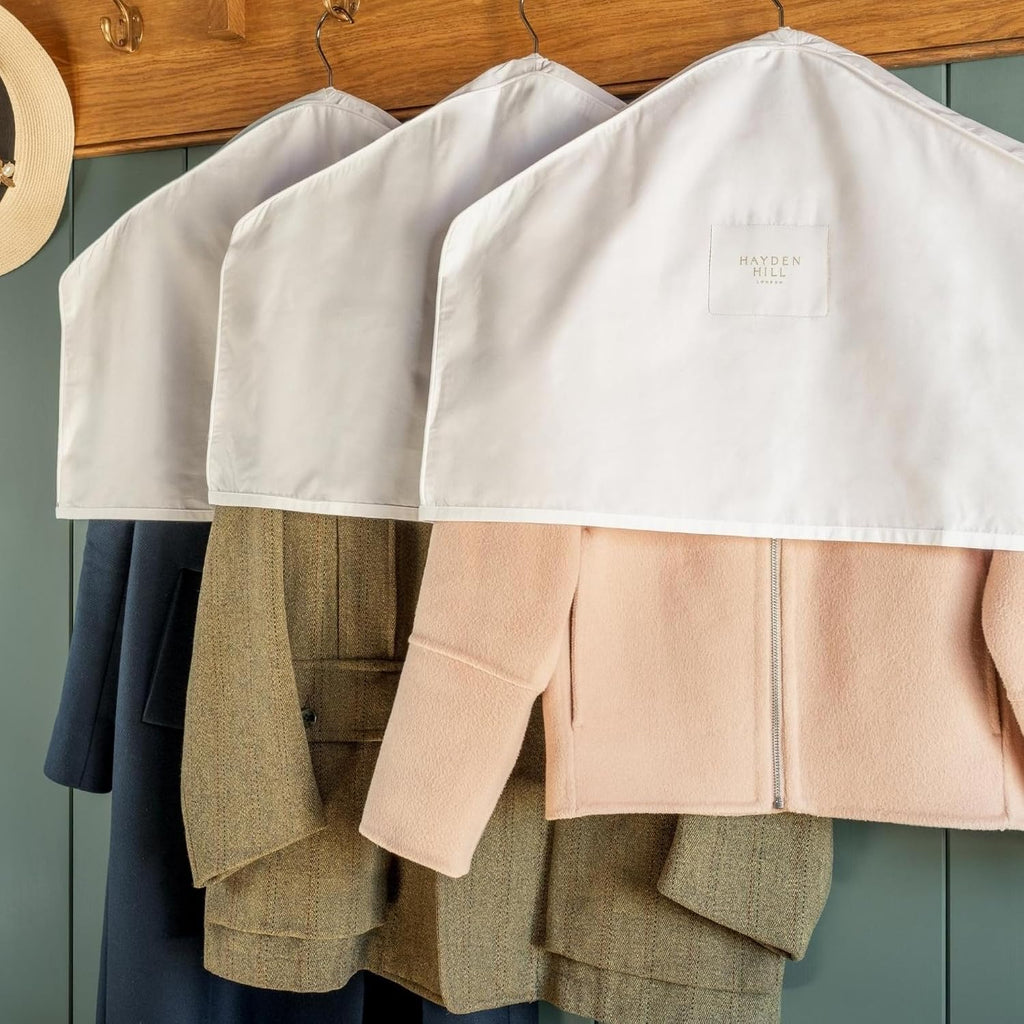 Hayden Hill Organic Cotton Shoulder Covers for Hanging Clothes, Set of 3 | Dust Covers for Jackets, Coats and Dresses, Clothing Shoulder Covers For Closet, Certified Carbon Neutral, White