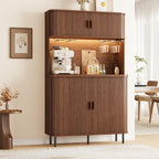 ONBRILL 71" Tall Wine Bar Cabinet with Storage (Walnut) | Fluted Liquor Cabinet, Modern Coffee Bar Cabinet, Large Home Bar, with LED Lights, Power Outlet, for Living Room, Kitchen