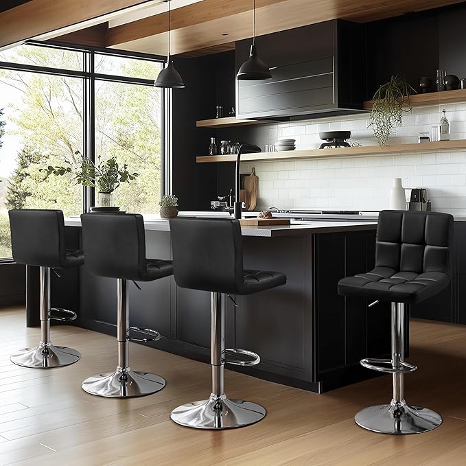 Yaheetech Bar Stools Set of 4, PU Leather Swivel Barstools, Height Adjustable Counter Chairs with Back for Bar Kitchen Island Dining Room, 300lb Capacity, Black