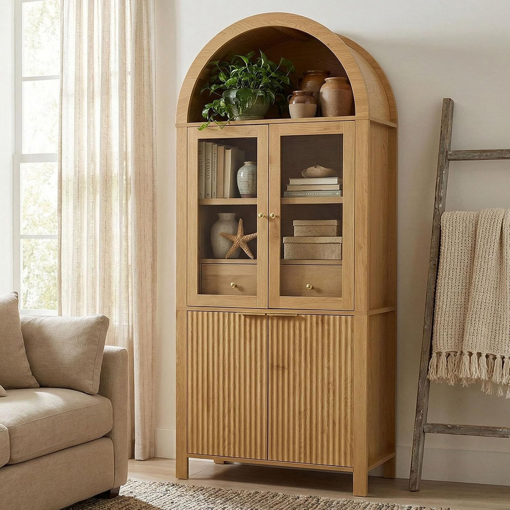 71" Fluted Tall Arched Pantry Cabinet with Glass Doors,Hutch Cabinet wit...