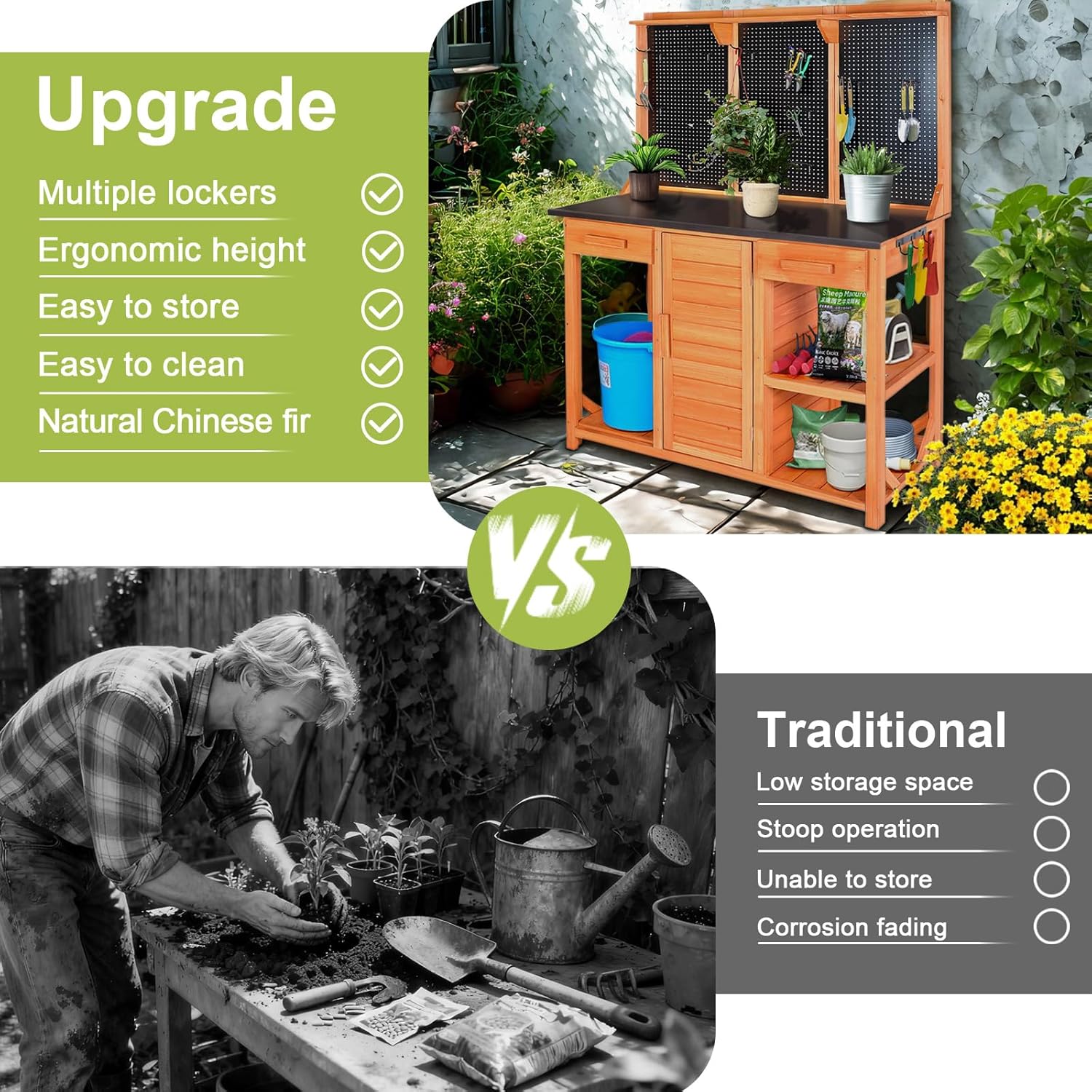 Outdoor Garden Potting Bench, Horticultural Wooden Workstation Table with Storage Drawer, Cabinet, Metal Pegboard, Adjustable Hooks and Shelves for Backyard, Patio, Greenhouse