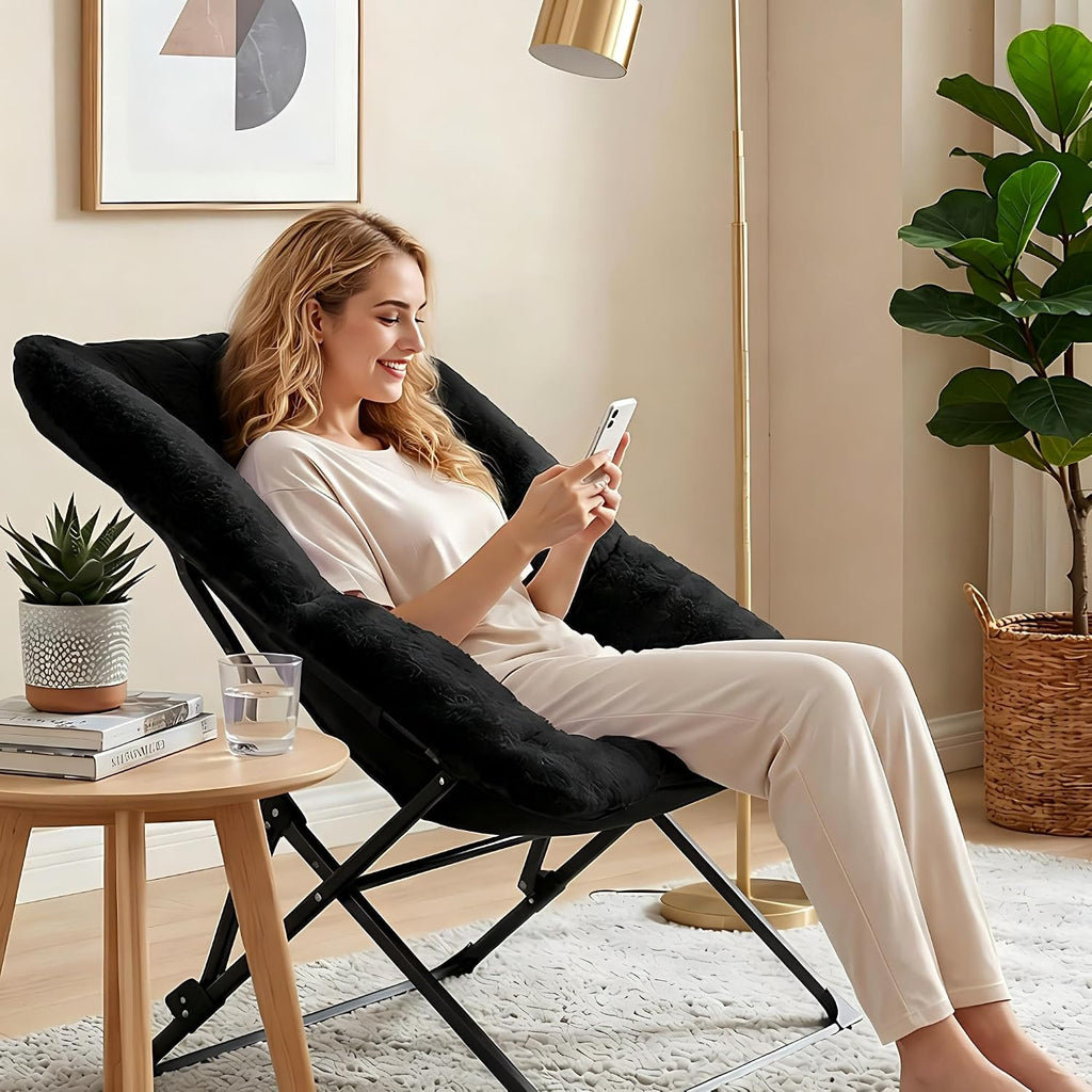 OAKHAM Comfy Chair for Adults, Soft Faux Fur Folding Lounge for Bedroom Living Room Dorm Rooms Flexible Reading Chair for Teens Kids, X-Large Foldable (Faux Fur-Charcoal Black)