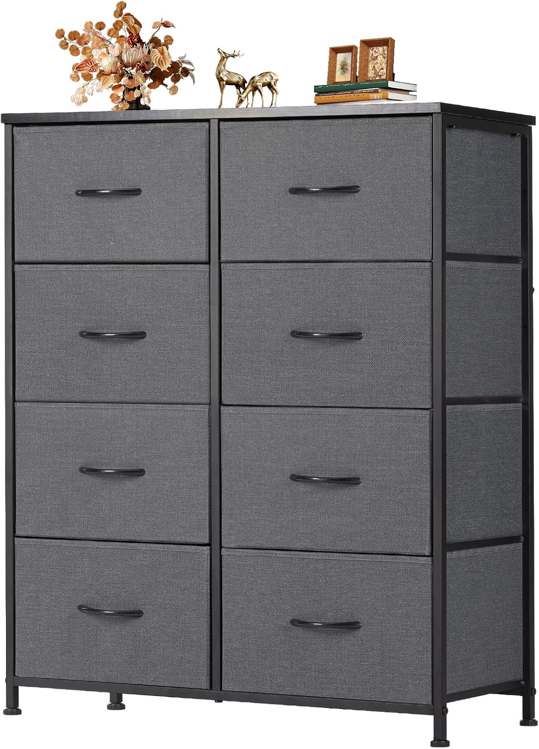 Dresser for Bedroom with 8 Drawers, Anti-Tip Tall Fabric Chests Storage Organizer Tower Furniture with Wooden Top Metal Frame for Clothes, Closet, Living Room, Hallway, Entryway