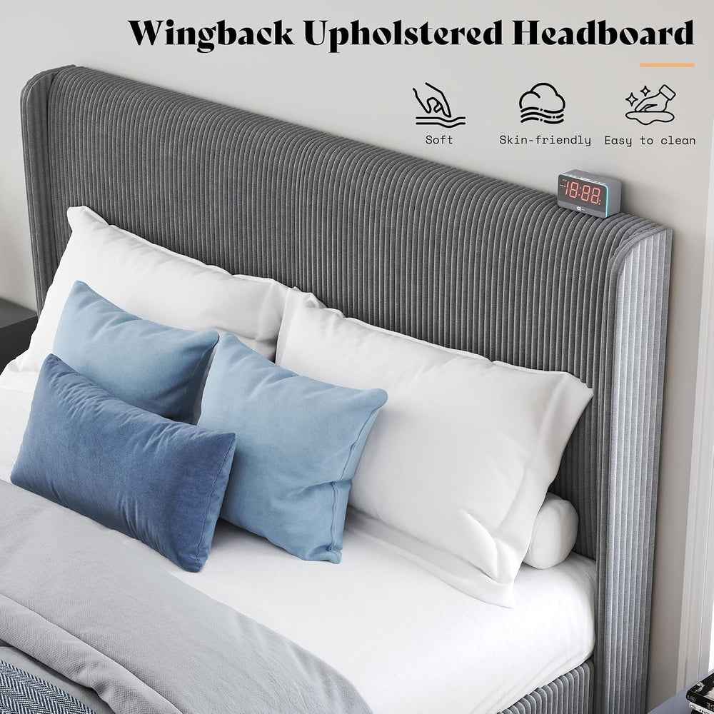 King Bed Frame, Upholstered Platform Bed with Corduroy Headboard, Grey