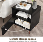 Black Night Stand Set 2,Modern Bedside Table with Door and Open Storage,Fluted Nightstand and Wood End Side Table with Rose Gold Metal Legs and Handles for Bedroom,Living Room,Black