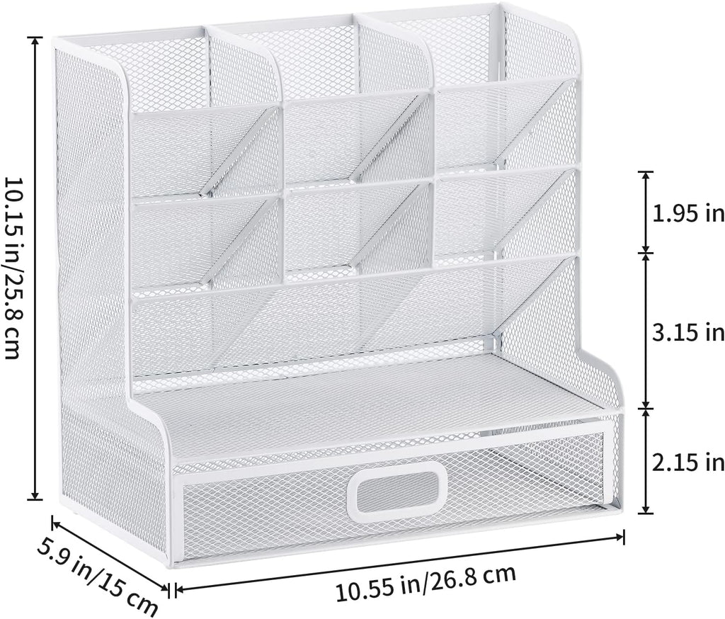Marbrasse Mesh Desk Organizer - Multi-Functional Pen Holder with Drawer, Desktop Stationary Storage Rack for School, Home, Office, Art Supplies (White Mesh)