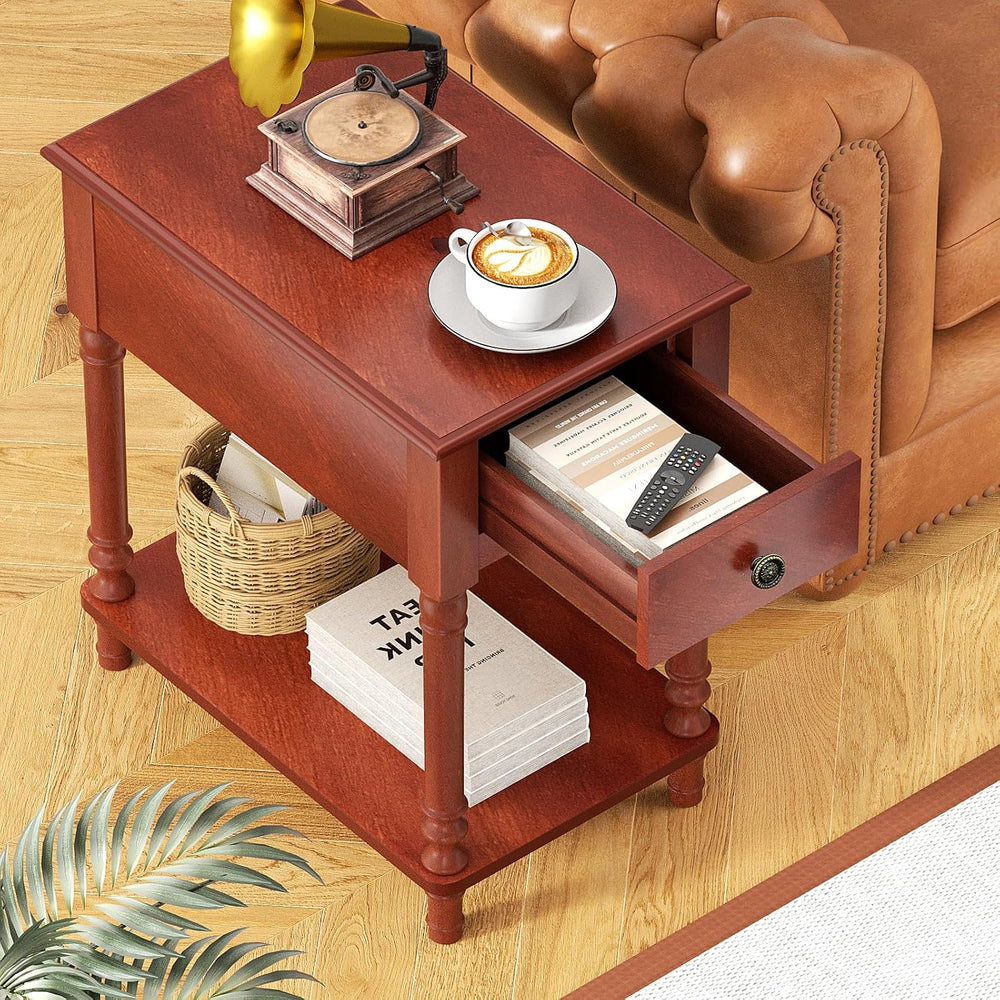 ROOMTEC Solid Wood End Table with Drawer and Shelf, Narrow Side Table Living ...