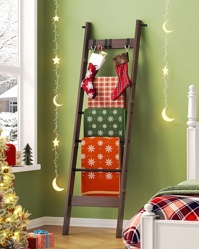 Blanket Ladder for Living Room, Decorative Quilt Rack with 4 Removable Hooks, 6-Tier Farmhouse Ladder Holder Shelf Organizer for Bedroom, Black Tea Brown and Black BR31520B