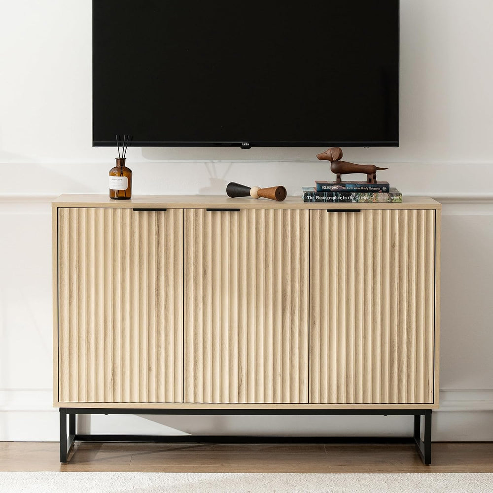 Fluted Storage Cabinet with 3 Doors, Sideboard Buffet Cabinets with Adjustabl...