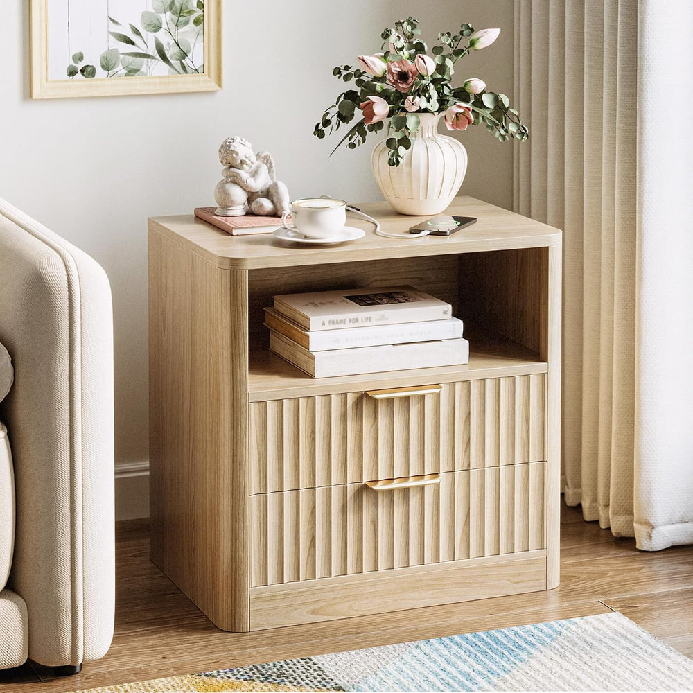 IRONCK Fluted Night Stand Set of 2, Oak