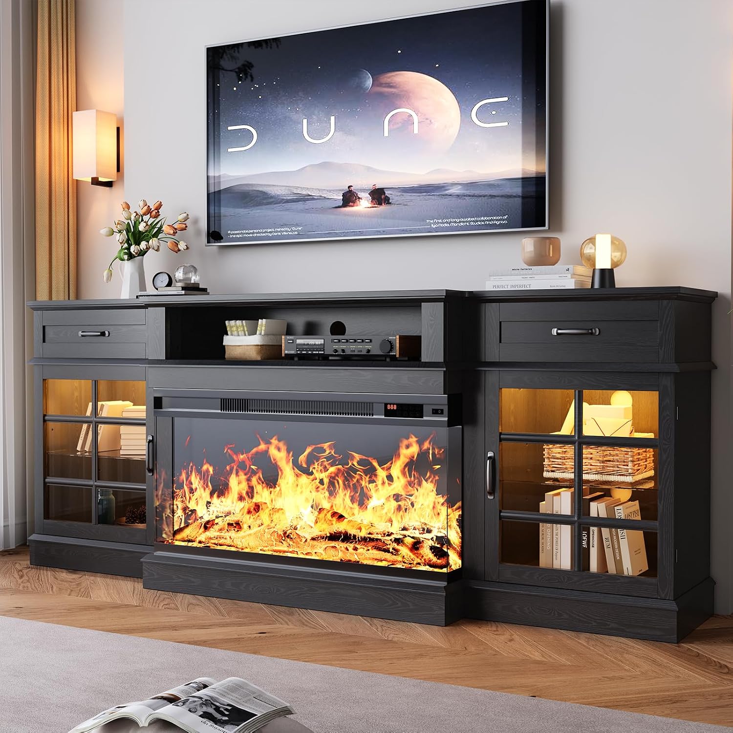 oneinmil 80" Fireplace TV Stand with 3-Sided Glass Fireplace, Modern Wood Entertainment Center with LED Lights and Glass Door, 36" Fire Place TV Stands for Living Room, Black