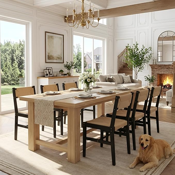 Mid Century Modern Rattan Dining Chairs Set of 6 Black Beechwood Kitchen Chairs Farmhouse Woven Dining Room Chairs Armless Boho Cane Wicker Chair Wooden Dining Chairs with Weave Hemp Seat and Backrest