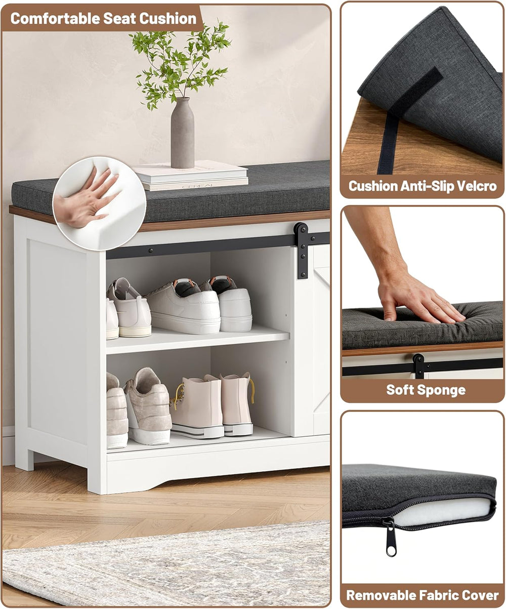 Farmhouse Storage Bench with Cushion, 47.2" Shoe Bench with Slide Barn D...