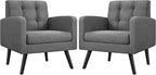 Yaheetech Mid-Century Accent Chairs, Modern Upholstered Living Room Chair, Cozy Armchair Button Tufted Back and Wood Legs for Bedroom/Office/Cafe, Set of 2, Gray
