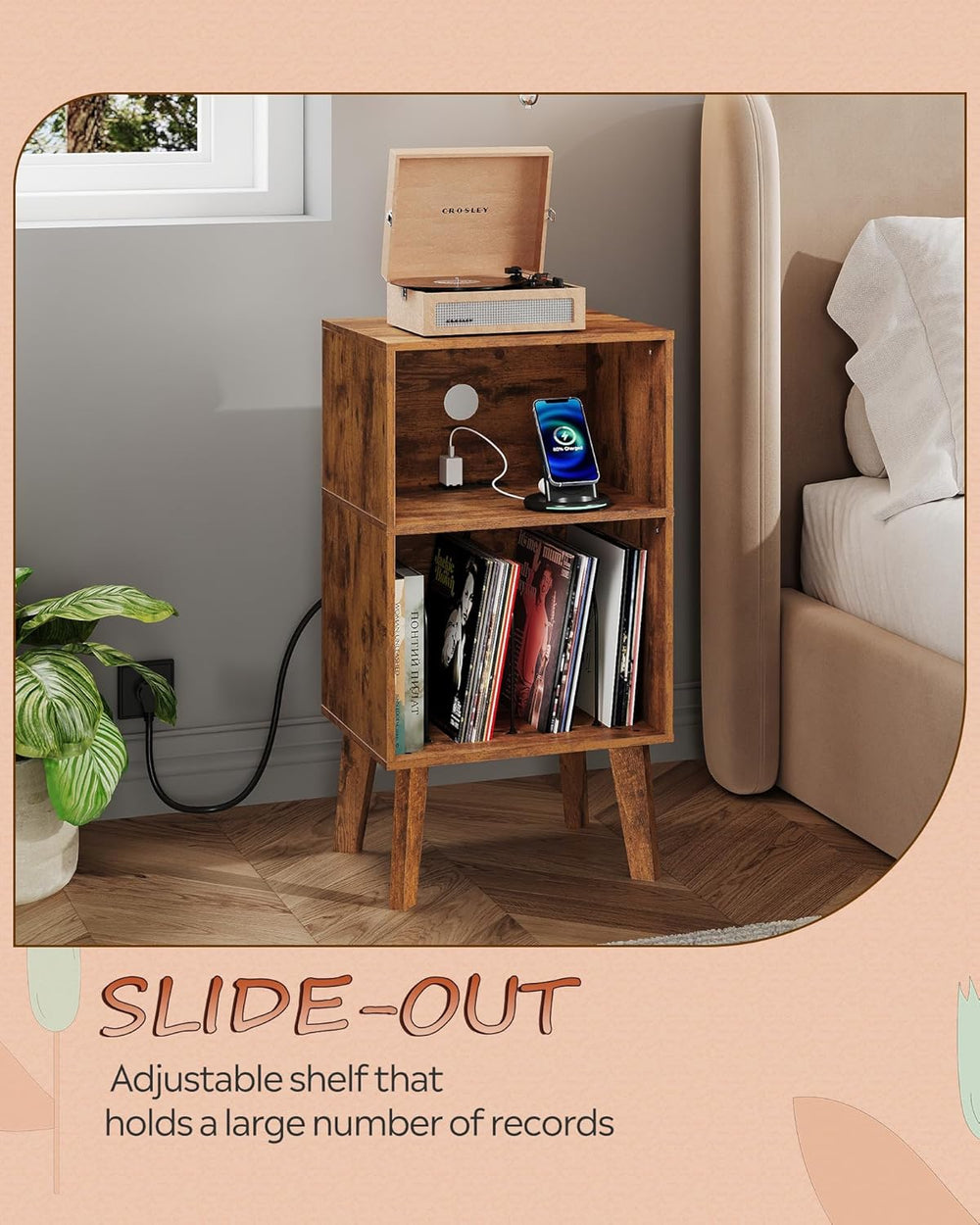 WLIVE Record Player Stand, Modern Nightstand with Storage, Small Space Bedsid...