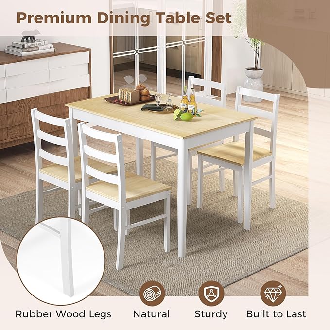 COSTWAY Dining Table Set for 4, Wood Kitchen Table Chairs Set with Rubber Wood Legs, Space-Saving Design, Modern 5-Piece Dinette Set for Small Place, Kitchen, Dining Room, Restaurant (Natural)