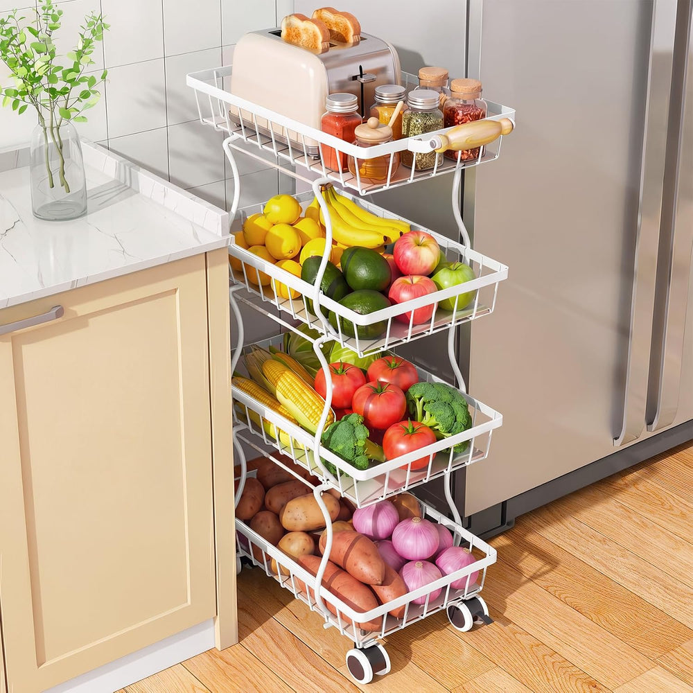 SAYZH 4-Tier Fruit Basket Stand with Vegetable Baskets for Kitchen, White | S...