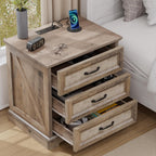 HOMMPA 24'' Farmhouse Nightstand with Charging Station, Bedside Tables with Storage, Side Table with AC Outlets & USB Port, 3 Drawers End Table Dresser, Wood Night Stand for Bedroom, Greige