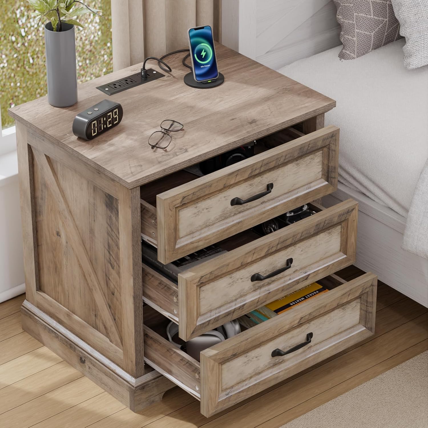 HOMMPA 24'' Farmhouse Nightstand with Charging Station, Bedside Tables with Storage, Side Table with AC Outlets & USB Port, 3 Drawers End Table Dresser, Wood Night Stand for Bedroom, Greige