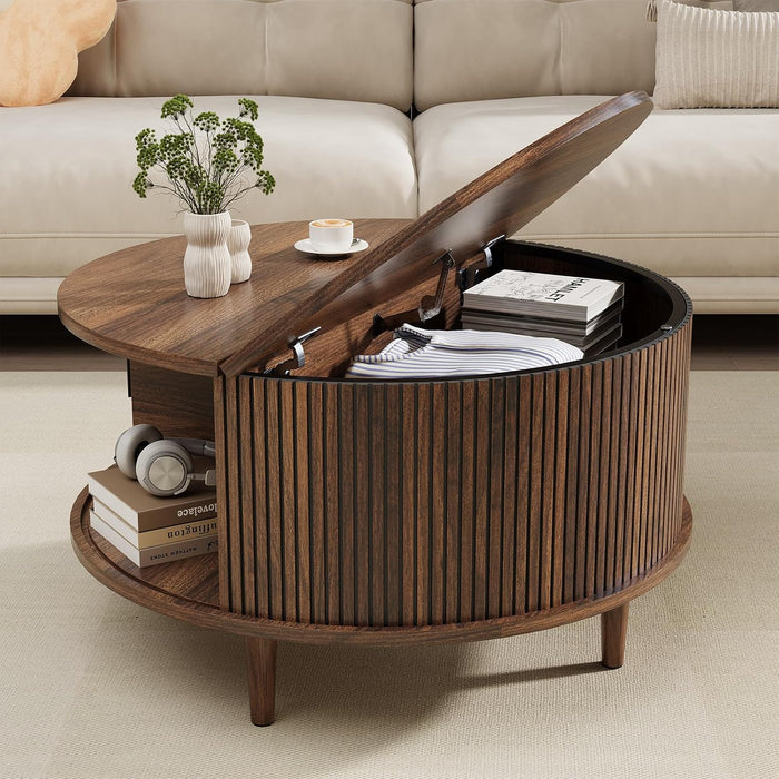 Round Coffee Table with Storage for Living Room, 31.5", Walnut