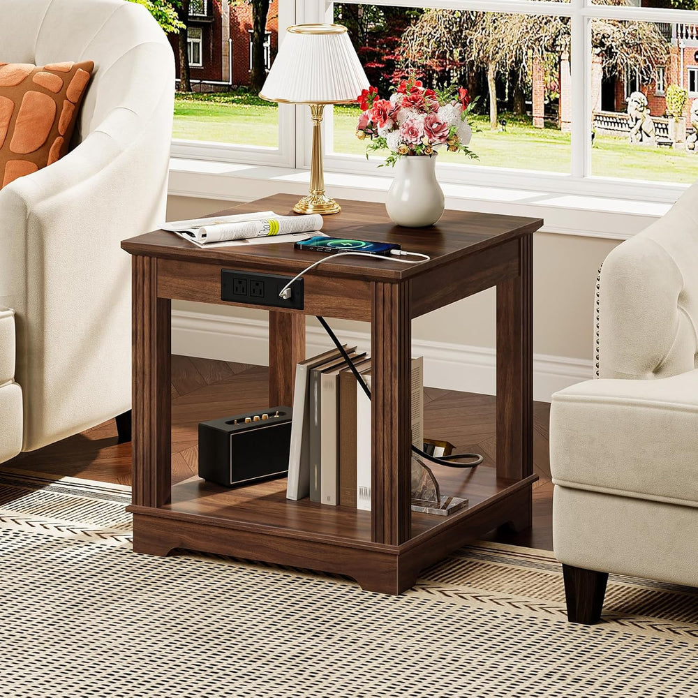 CHOEZON Farmhouse End Table with Charging Station, 2-Tier Large Side Table, S...