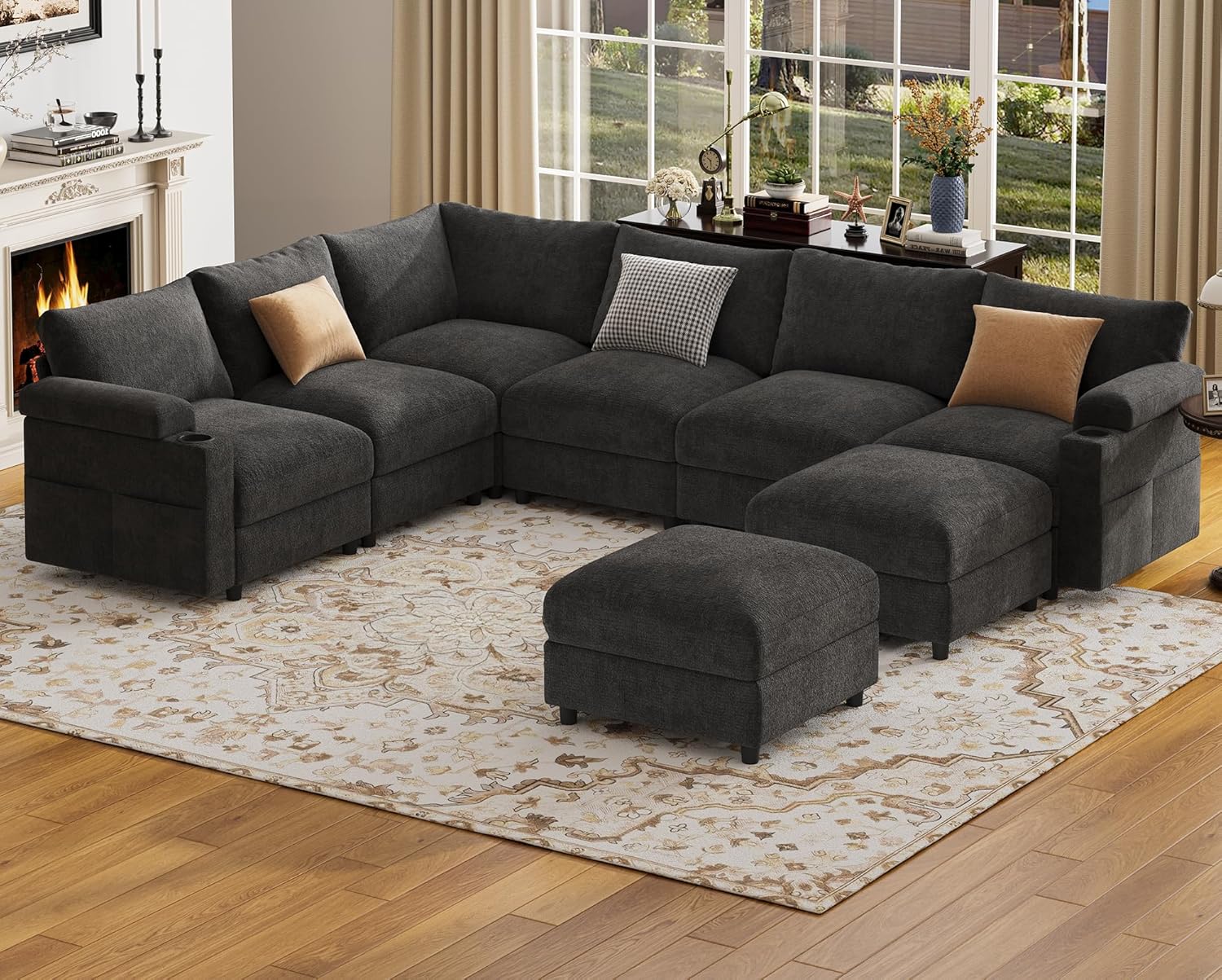 Sectional Couches for Living Room FSC Certified Velvet Modular Couch Oversized Cloud U Shaped Convertible Sleeper Sofa Chaise Detachable Armrest Cushion (Chenille Grey, U Shape 8 Seat)