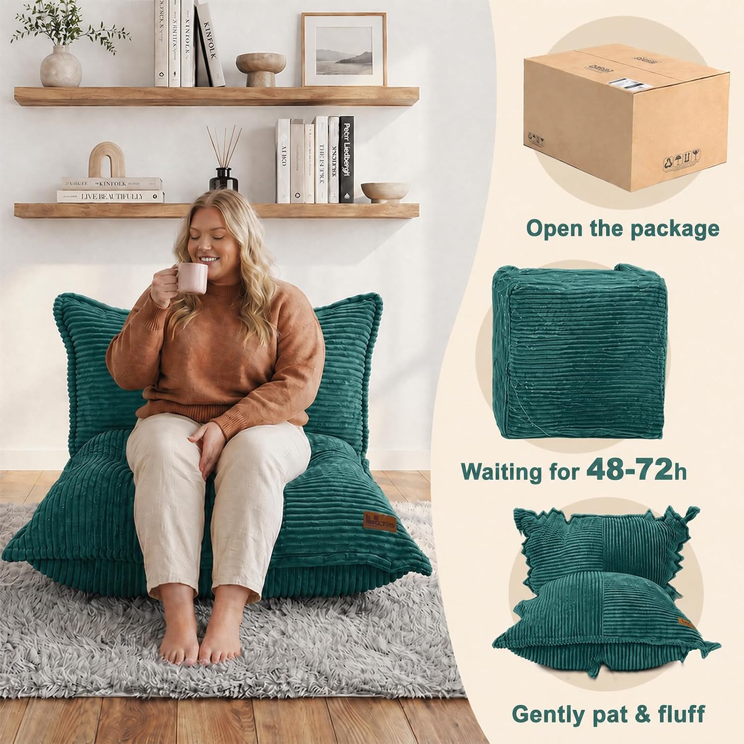 L-Shaped Oversized Bean Bag Chair(L-Green) | Fluffy Memory Foam Beanbag with Corduroy Fabric for Adults Teens Kids, Lounge Floor Sofa Chair for Living Room Bedroom
