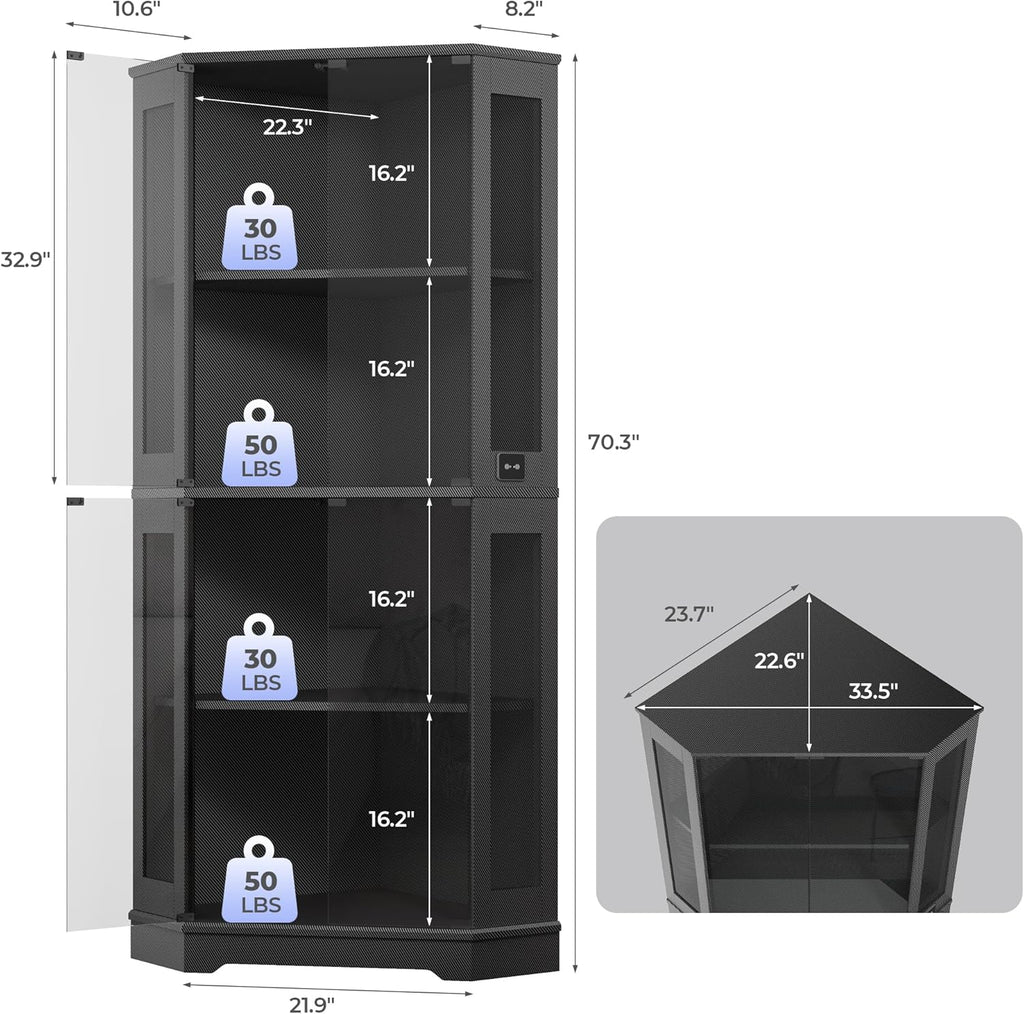 IRONCK 71 Inch Carbon Fiber Corner Glass Display Cabinet with Human Body Sensor & 6-Color LED Lights, 4-Tier Tempered Glass Display Case with 2 Adjustable Shelves for Collectibles, Toys, Black