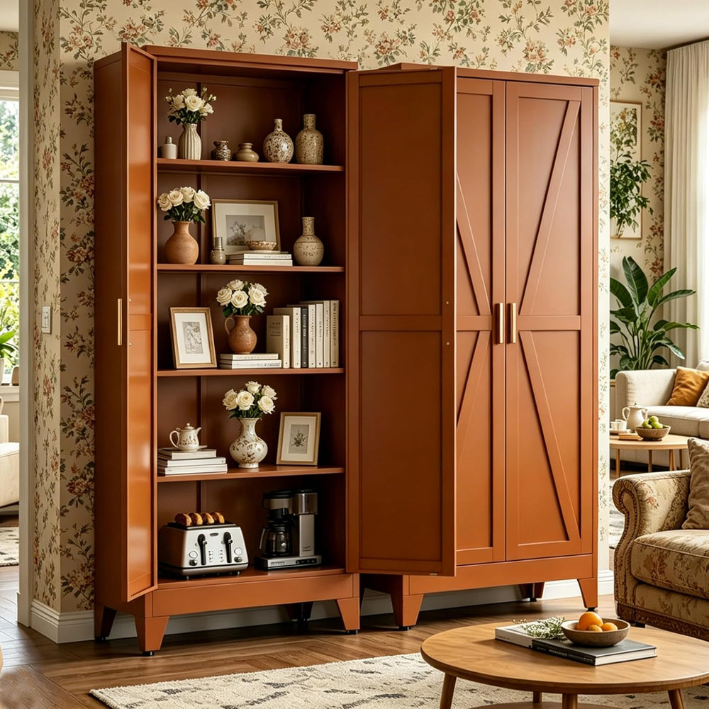 Bevivog Tall Rust Brown Storage Cabinet, 71" Metal Pantry Cabinet with 2...