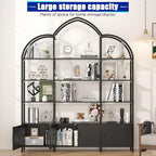 Triple Wide 5 Tier Tall Arched Bookshelf and Bookcase with 3 Cabinets, Industrial Metal Etagere Open Bookshelf, Wood Standing Book Shelf with Black Metal Frame for Bedroom Living Room